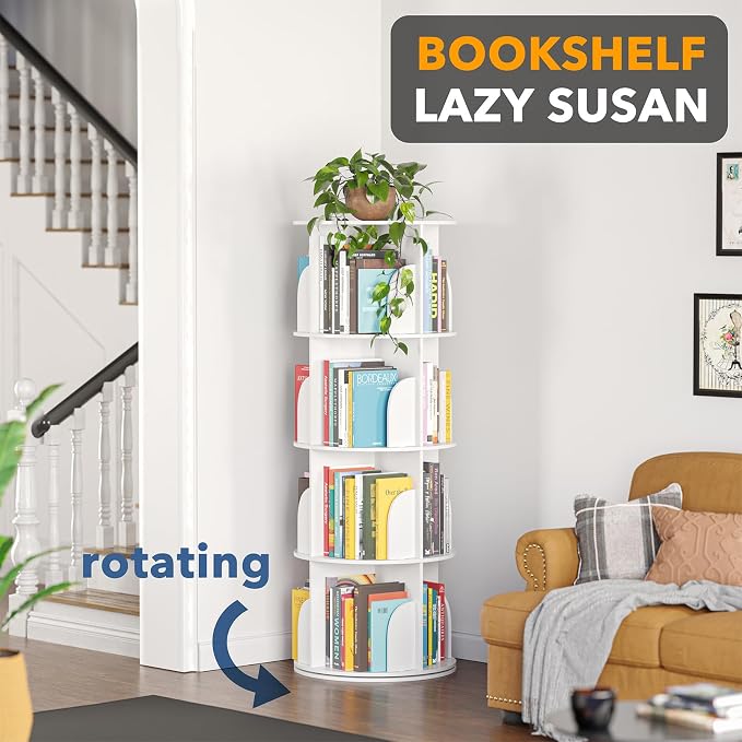 SpaceAid 4 Tier Rotating Bookshelf Tower, Spinning Bookcase Lazy Susan, Revolving 360 Book Shelf Storage Round Carousel, Vertical Rotate Turning Spiral Corner Organizer, White - Image 4