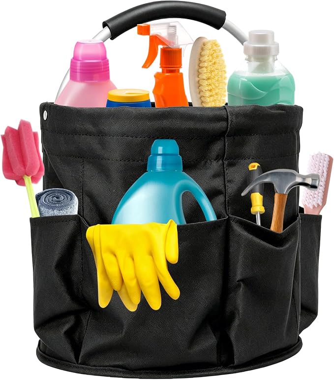 17L Cleaning Caddy with Handle, Foldable Cleaning Supplies Organizer, Portable Storage Bucket Bag for Home & Garden (Black) by GLOWLYSUN