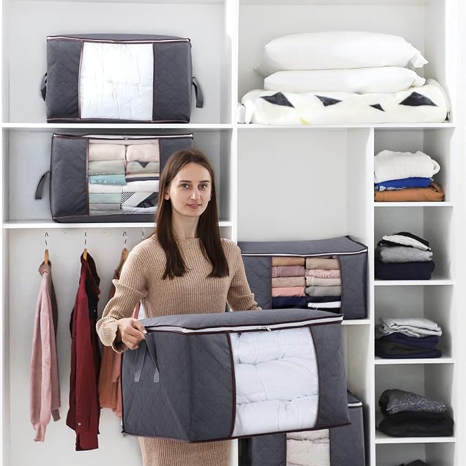 Lifewit 3 Pack 90L Clothes Storage Bins with Lids, Foldable Blanket Storage Bags with Zippers, Clear Window and Reinforced Handles, Closet and Organization for Clothing, Sweater, Comforter, Bedding - Image 5
