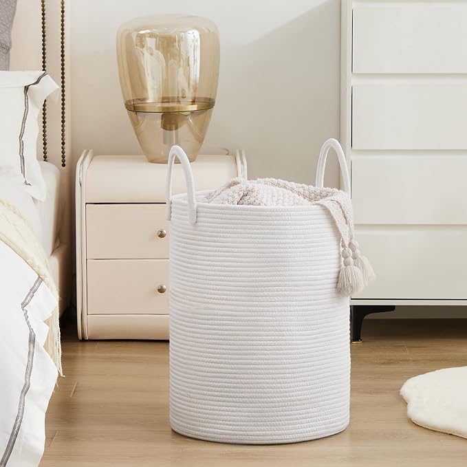 Woven Rope Laundry Hamper Basket by YOUDENOVA, 58L Tall Laundry Basket, Baby Nursery Hamper for Blanket Storage, Clothes Hamper for Laundry in Bedroom-Large-Pure White - Image 5