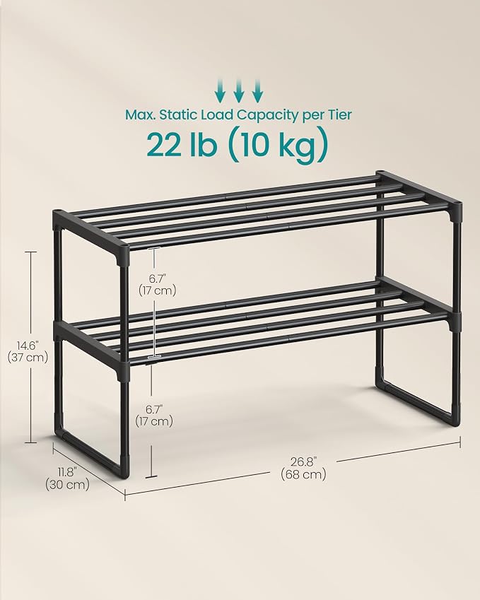 SONGMICS Shoe Rack, 2-Tier Shoe Organizer, Metal Storage Shelf | for Entryway, Upright or Upside Down, for 6-9 Pairs, Stackable, 11.8 x 26.8 x 14.6 Inches, Black ULSA202B01 - Image 2