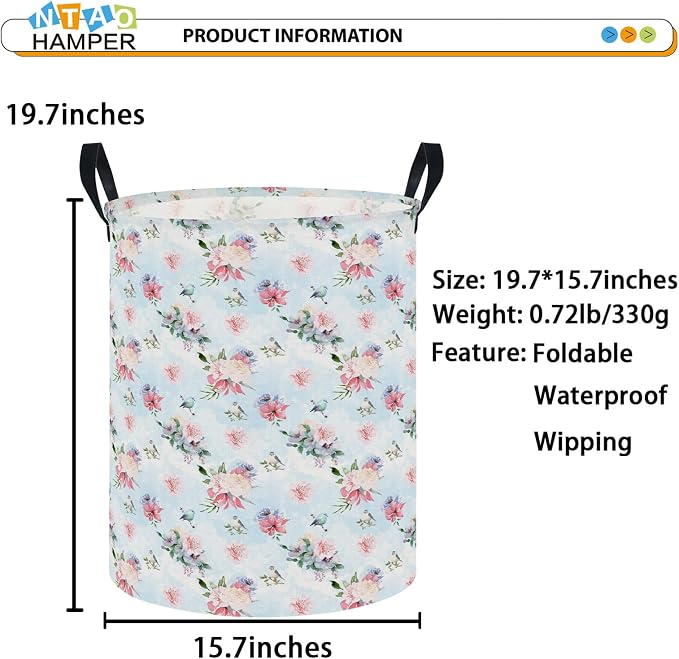 NTAOHAMPER Laundry Hamper,Laundry Basket,Baby Nursery Hamper,Waterproof Storage Bin,Clothes Organizer Basket,Room Decor(Blue Retro Flower） - Image 5
