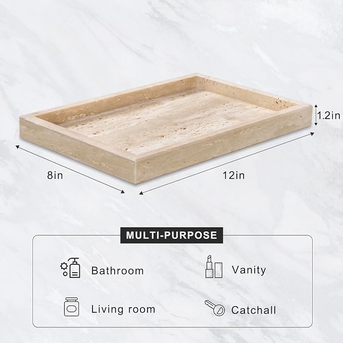 Marble Bathroom Tray for Countertop & Home Decor, Natural Decorative Marble Tray for Jewelry & Perfume Organizer, Stone Vanity Trays for Dresser, Kitchen Counter, 12" x 8", Beige Travertine - Image 2