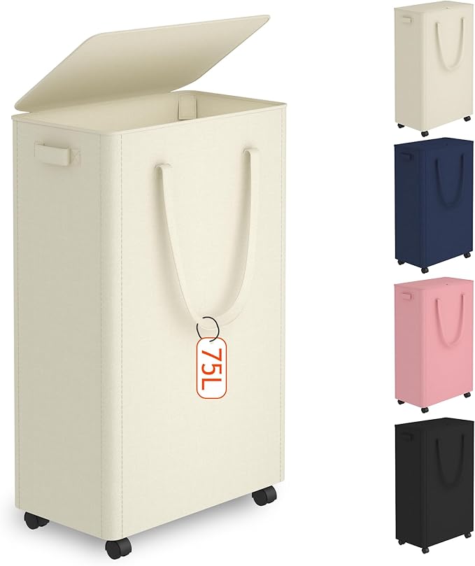 Slim Laundry Hamper with Wheels,20 Gal (75L) Rolling Laundry Basket with lid and wheels Clothes Hamper Foldable Tall Dirty Clothes Basket Sturdy Collapsible Clothes Hamper for Dorm,Laundry Room by Vincona