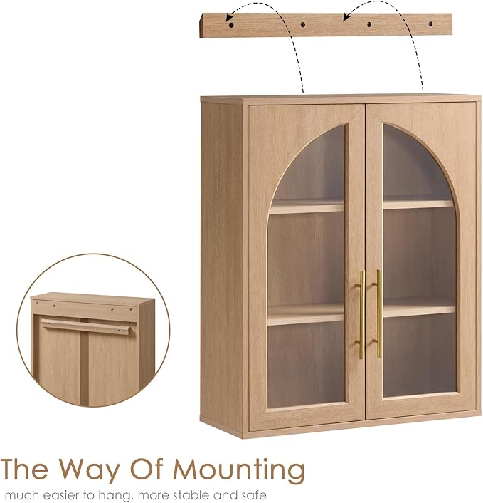 Bathroom Wall Cabinet, 23.5×31.4'' Storage Cabinet, Arched Cabinet Wall Mount with Adjustable Shelf & Glass Doors, Medicine Cabinet for Laundry Room, Bathroom, Kitchen, Living Room,Natural,3PCS - Image 5