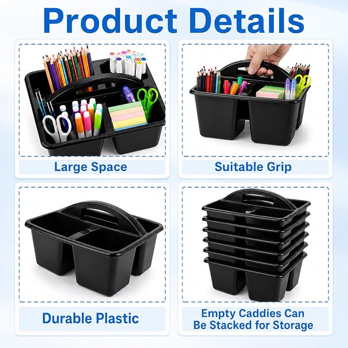 6 Pack 4 Compartment Classroom Caddy with Handle, Black - Image 3