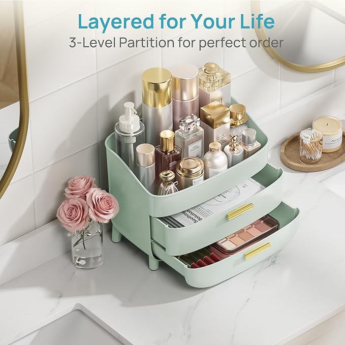 Vtopmart 3-Tier Skincare Makeup Organizer with Drawers, Green - Image 4