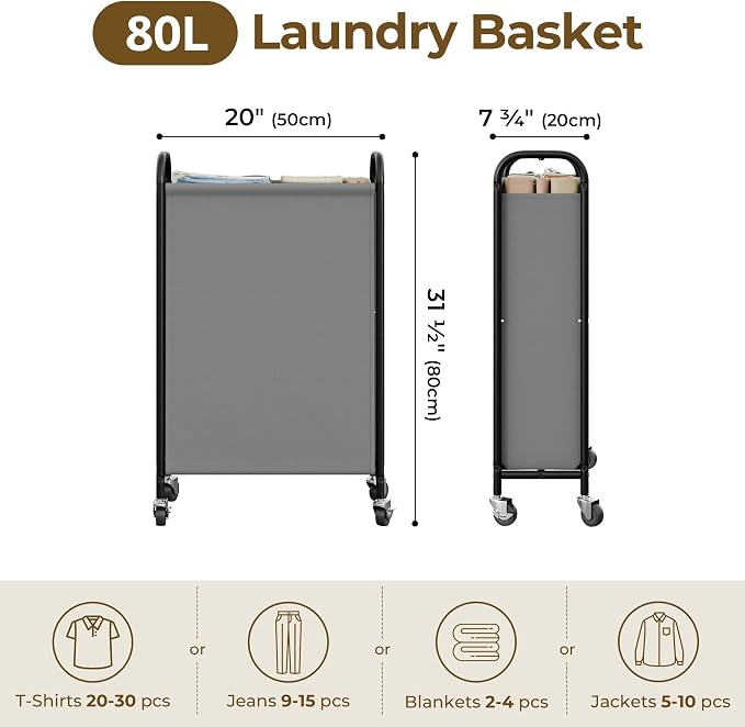 GRANNY SAYS Laundry Hamper, Slim Basket with Wheels and Handles, Grey, 80L - Image 2