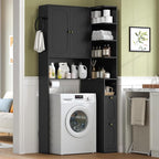 7-Tier L-Shaped Wooden Over the Toilet Storage Cabinet with Doors, Modern Over Toilet Bathroom Organizer Shelf with 2 Large Drawers, Bathroom Over Toilets Storage Cabinet, Space Saver, Black - Image 3