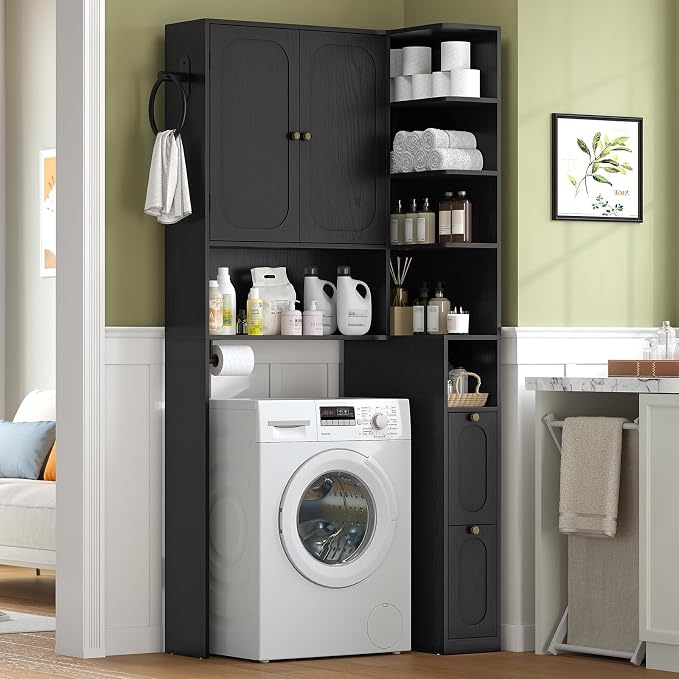 7-Tier L-Shaped Wooden Over the Toilet Storage Cabinet with Doors, Modern Over Toilet Bathroom Organizer Shelf with 2 Large Drawers, Bathroom Over Toilets Storage Cabinet, Space Saver, Black - Image 3