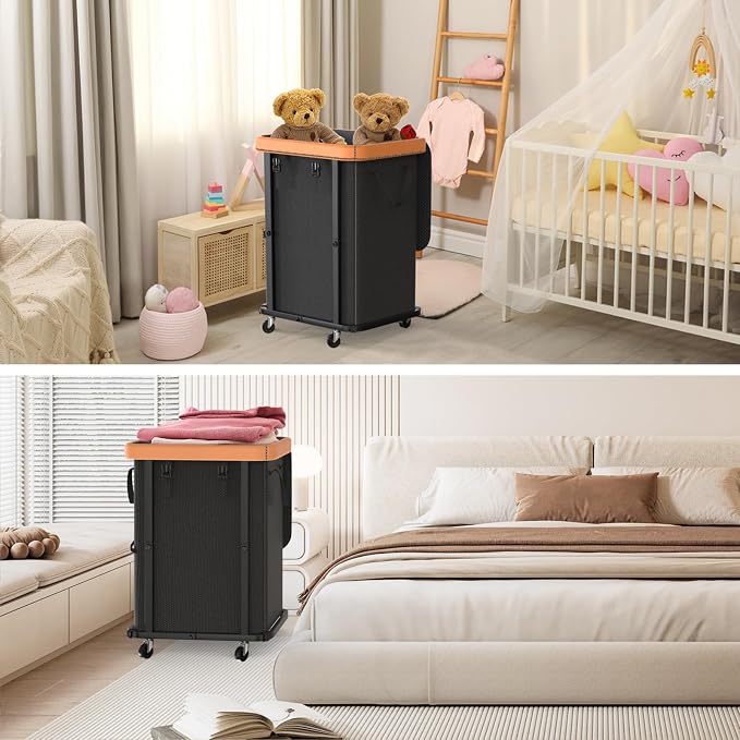 Laundry Hamper with Wheels,150L Leather Patchwork Clothes Hamper Black - Image 7