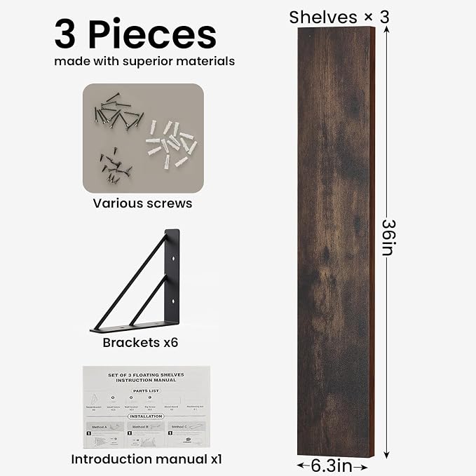 BAYKA Wall Shelves for Bedroom Decor, Wood, Rustic Brown, Set of 3, 36in - Image 2