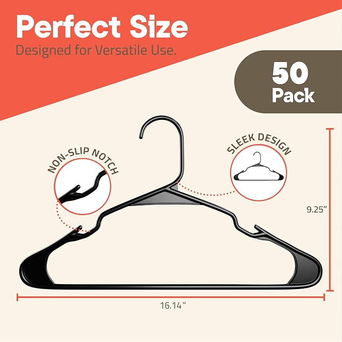 Black Plastic Hangers 50 Pack– Heavy-Duty Plastic Hangers Slim and Space-Saving, Durable and Lightweight PP with Non-Slip Shoulder Notches for Slip Dresses, Suits, Jackets & Camisoles - Image 2