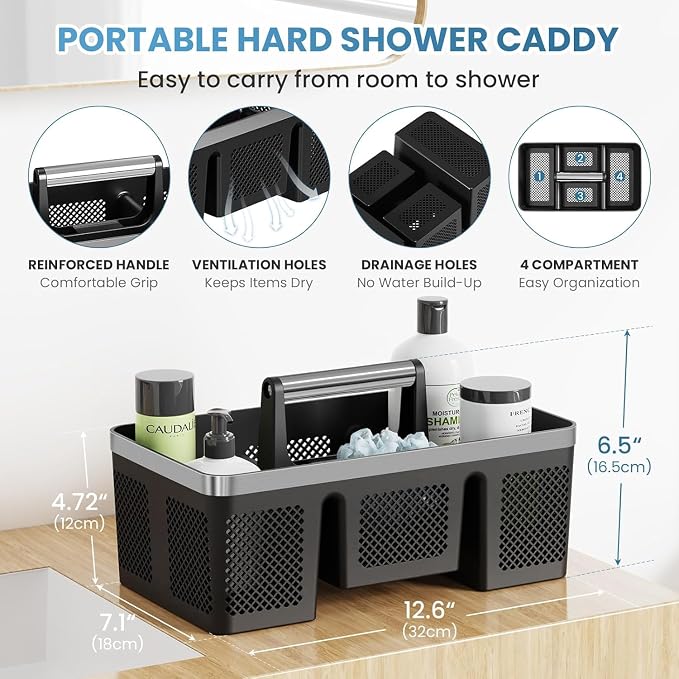 BYUNER Plastic Shower Caddy Dorm: Portable Cleaning & Shower Caddy with Handle, 4 Divided Compartments, All-Side Drainage, Rigid Plastic Basket Tote for College Dorm & Bathroom Use, Black/Silver - Image 8
