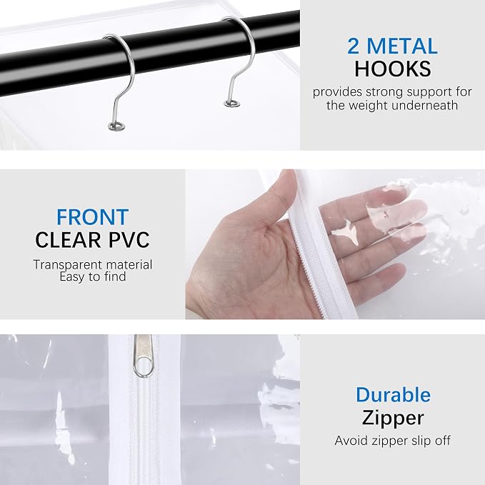 8 Tier Clear PVC Closet Hanging Organizer with Zipper, Foldable Hanging Closet Organizers and Storage, Hanging Clothes Storage Organizer, hanging shoe organizer, White Closet Shelves - Image 5
