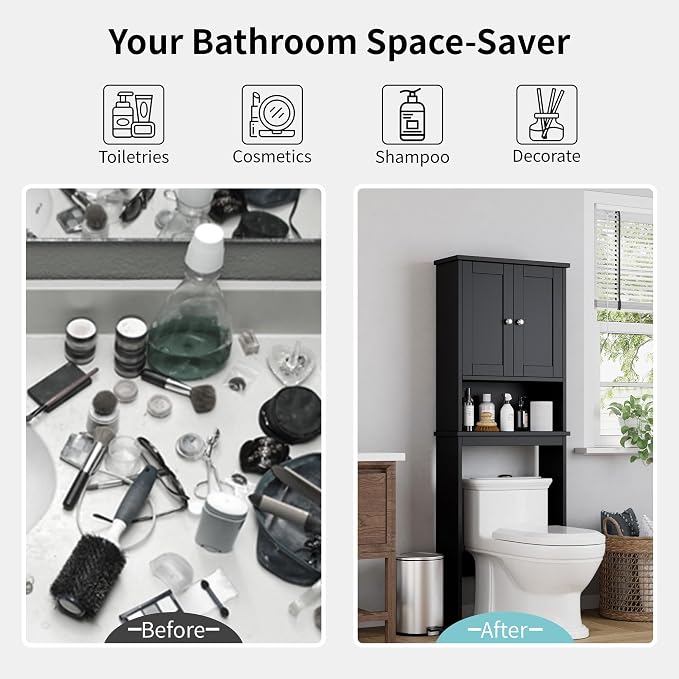 Shintenchi Over the Toilet Storage Cabinet, Bathroom Shelf Organizer with Anti-Tip Device Small Freestanding Space Saver with Adjustable Shelf，Black - Image 6