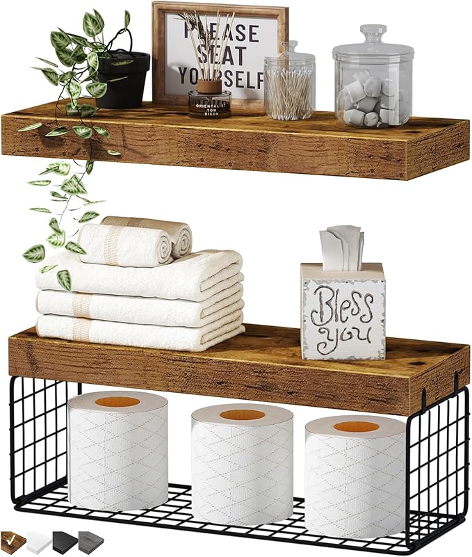 QEEIG Bathroom Shelves Over Toilet - Wall Mounted Floating Shelves Toilet Paper Storage Small Farmhouse Decor Shelf 16 inch Set of 2, Rustic Brown (019-BN2) by QEEIG
