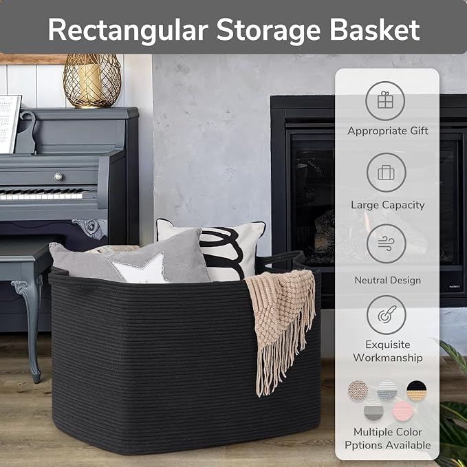 Goodpick 105L Extra Large Woven Rope Blanket Basket, Rectangle, Black - Image 7