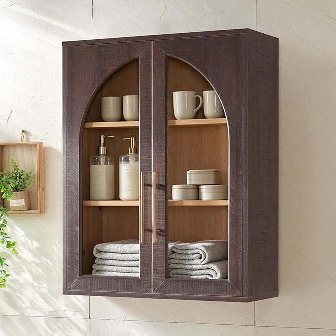 Bathroom Wall Cabinet, 23.5×31.4'' Storage Cabinet, Arched Cabinet Wall Mount with Adjustable Shelf & Glass Doors, Medicine Cabinet for Laundry Room, Bathroom, Kitchen, Living Room, Brown/Natural oak by NOWABAY