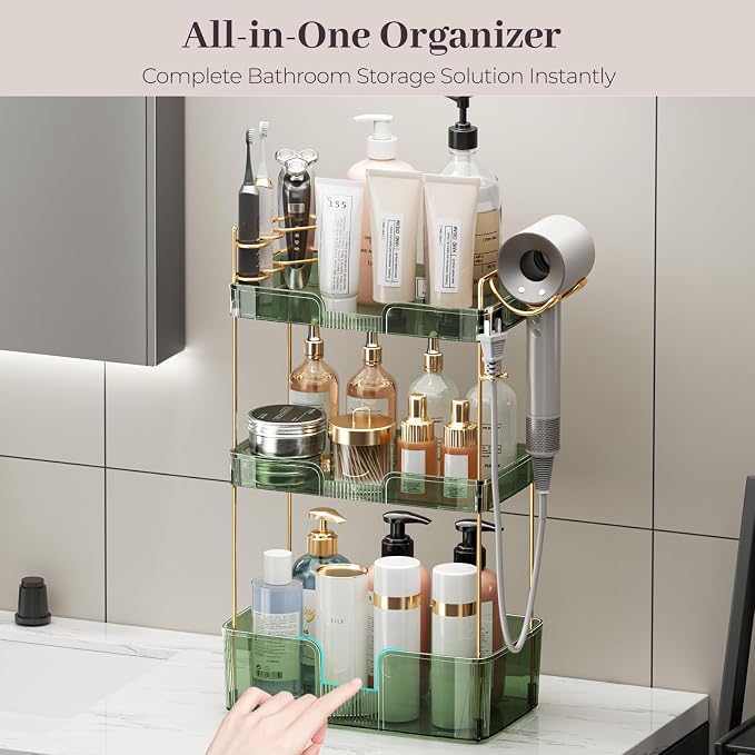 Aveniee Bathroom Counter Organizer,3 Tier Skincare Perfume Countertop Storage with Hair Dryer Rack and Toothbrush Holder, Cosmetic Makeup Tray for Vanity - Green - Image 4