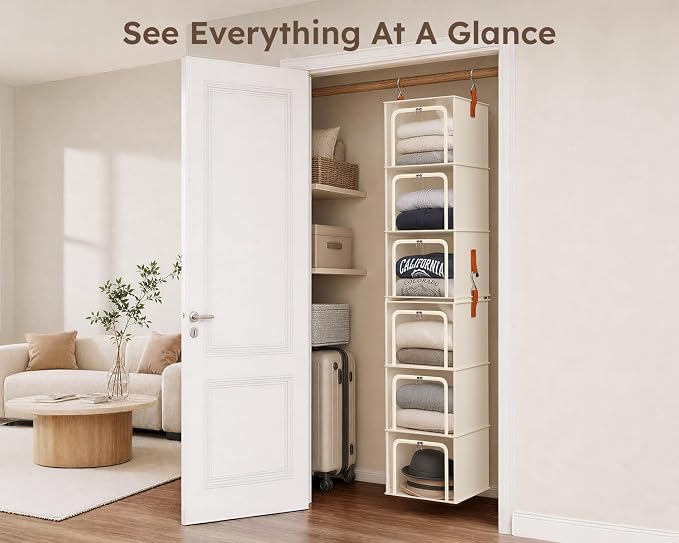 Homsorout 6-Tier Modular Hanging Closet Organizer Shelves, Beige | 3+3 Modular Design, Clear Window, Front Opening, Fabric Vertical Storage, Closet Storage for Home, Apartment, Nursery, RV - Image 8