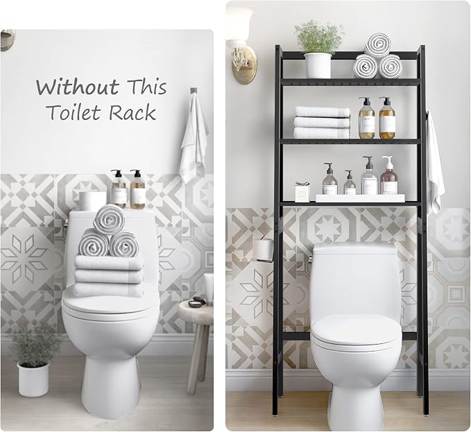 MallKing Over-The-Toilet Storage Rack, Wooden 3-Tier Over-The-Toilet Storage Rack Bathroom Space Saver Organizer, Freestanding Above Toilet with Toilet Paper Holder and Hooks (Black) - Image 6