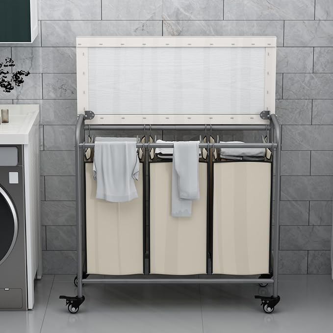 LINZINAR 3-Bag Laundry Hamper with Ironing Board, Beige 135L Laundry Sorter - Image 3