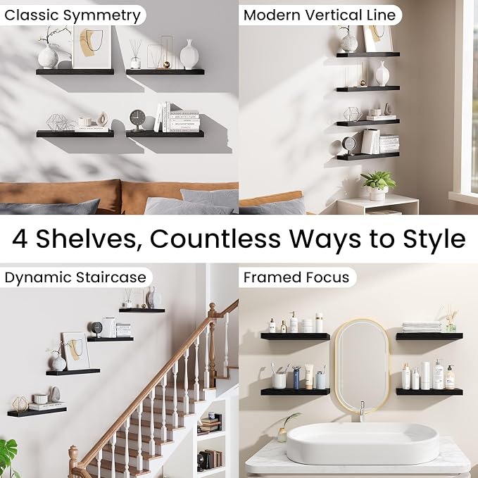 BAYKA Black Floating Shelves 15.7in, Set of 4, Wall Mount Rustic Wood Shelf - Image 9