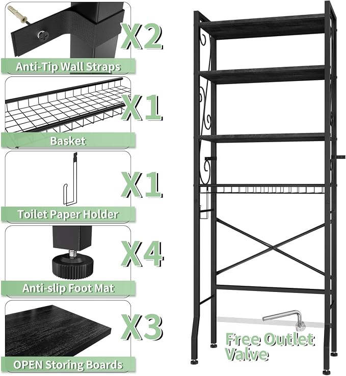 Over-The-Toilet Storage Rack 4-Tier,Bathroom Organizer Shelf Over Toilet,Adjustable Wooden Shelves and Basket,Freestanding Above Toilet Shelf,Space Saver for Rooms(Black Rack-Black Shelves) - Image 3