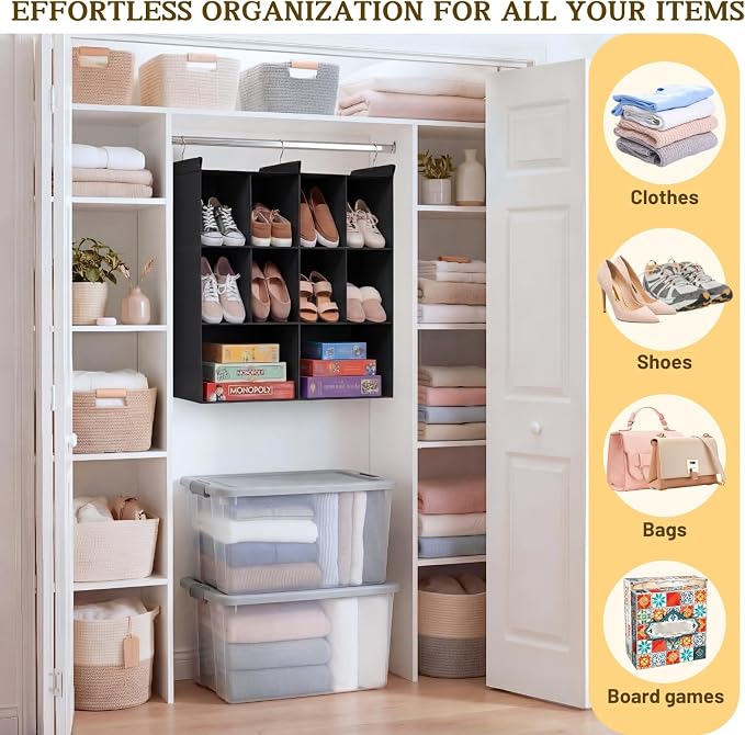 3 Tier Hanging Closet Organizer, 10 Compartments Dual Row Storage, Black | Closet Organizers and Storage with Large & Small Pockets, 3 Sturdy Hooks Support Heavy Loads, for Dorm, RV, Garment Rack - Image 6