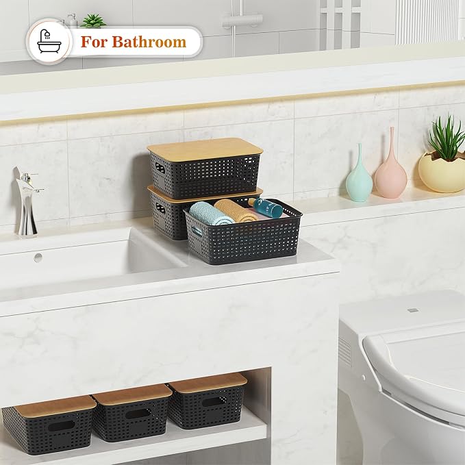 Ohmlove 6 Pack Plastic Storage Baskets with Bamboo Lids for Organization - Image 7