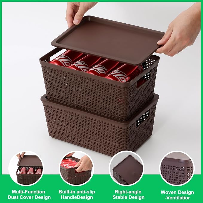 6 Pack Plastic Storage Baskets with Lid,Brown Stackable Bins - Image 4
