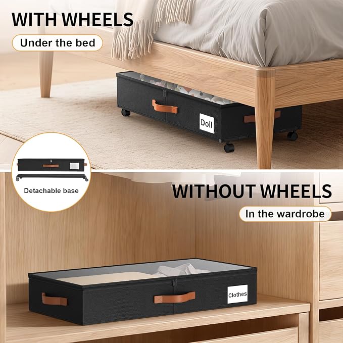 Under Bed Storage Containers with Wheels Large Underbed Shoes Blankets Clothes Toy Storage Drawers for College Dorms Bedrooms Nursery Rooms Organization (Black 2 Pack, 6.6in height(30.3"x15.7"x6.6")) - Image 5