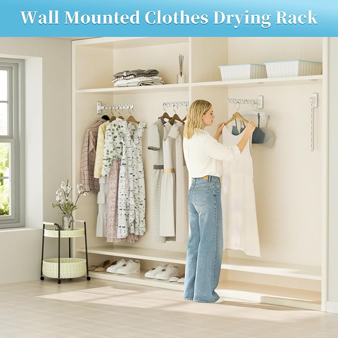 Alise Clothes Drying Rack Wall Mounted Foldable Coat Hanger,White,1P - Image 2