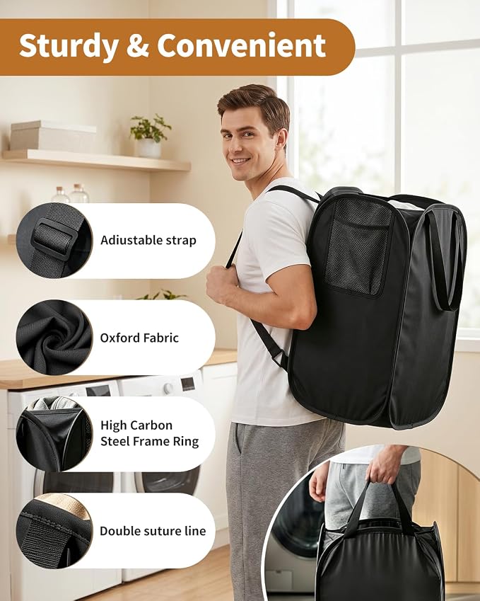 House Again 2 Pack 76L Laundry Backpack, 210D Oxford Heavy Duty Laundry Bag Backpack with Adjustable Shoulder Straps, Foldable Laundry Bag for College Dorm and Travel, Black - Image 3