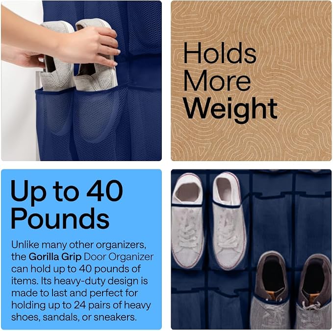 GORILLA GRIP Over the Door Shoe Organizer, 24 Large Pockets, Navy | Breathable Mesh Pocket, Space Saving Hanging Storage Holder, Closet Rack Hanger for Shoes, Pantry and Bathroom Accessories - Image 3