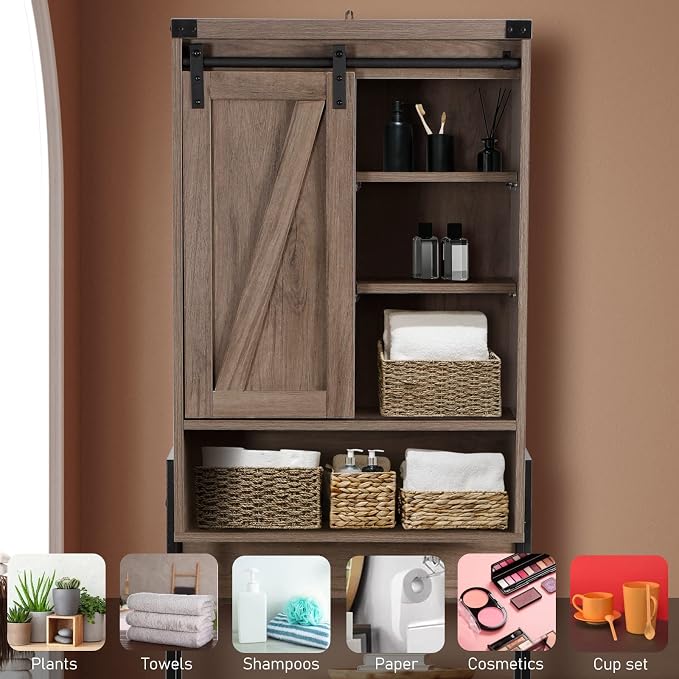 Over Toilet Storage Cabinet with Barn Door & Adjustable Shelves - Image 2