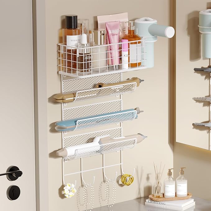 Wall-Mounted Hair Dryer Holder Styling Tool Organizer 4-Shelf Storage Wire Basket with Hook Heat Safe Rack for Hair-Straighteners,Curling Wands,Flat Iron,Cabinet Door Bathroom Kitchen White by Sonyabecca