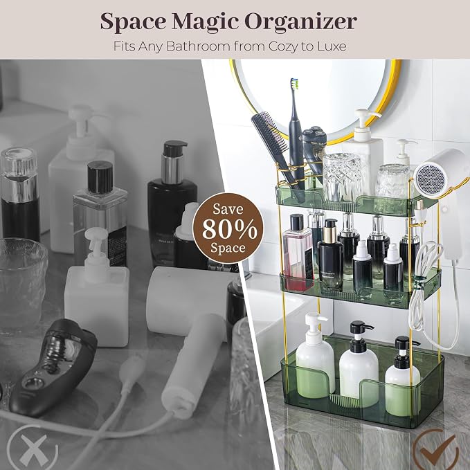 Aveniee Bathroom Counter Organizer,3 Tier Skincare Perfume Countertop Storage with Hair Dryer Rack and Toothbrush Holder, Cosmetic Makeup Tray for Vanity - Green - Image 5