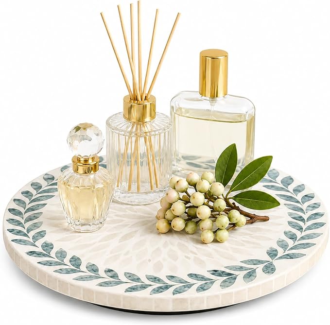 12-Inch Mother of Pearl Lazy Susan Turntable – Decorative Shell Inlay Rotating Serving Tray – Elegant Floral & Leaf Pattern Organizer for Kitchen Counter, Vanity, and Home Decor by chicapica