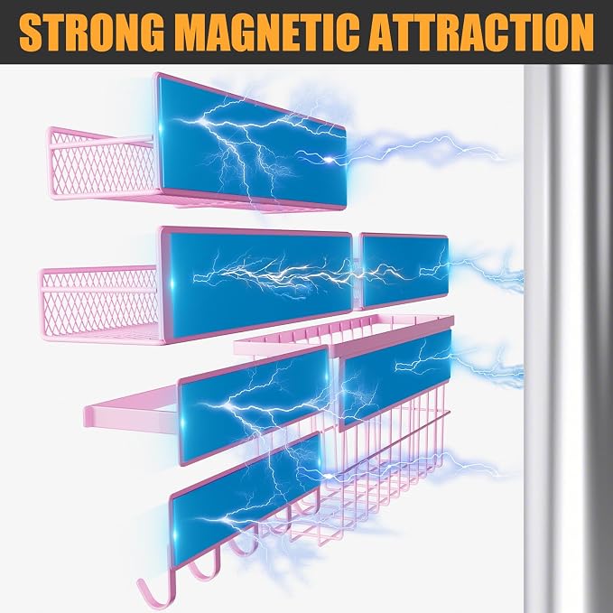 DTUQYX 6 Pack Magnetic Shelves for Washing Machine, Magnetic Spice Rack Organizer for Refrigerator, Magnetic Shelf with Hanger Organizer, Metal Magnetic Basket, Laundry Organization and Storage, Pink - Image 3