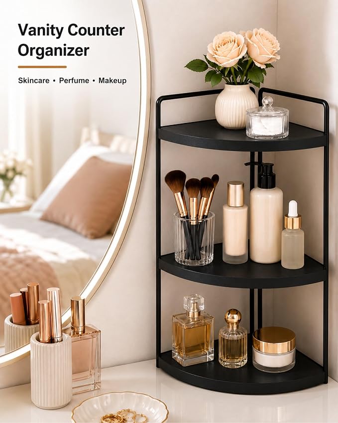 3-Tier Corner Bathroom Counter Organizer, Solid Pine Vanity Shelf, Black - Image 5