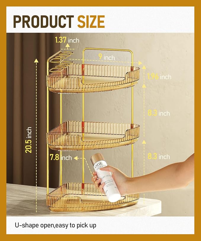 EUHOME 3-Tier Corner Bathroom Counter Organizer Makeup Cosmetic Storage, Tool-Free Installation Acrylic Vanity Shelf, Countertop Storage Organizers Perfume Tray for Bathroom, Dresser, Kitchen (Gold) - Image 5