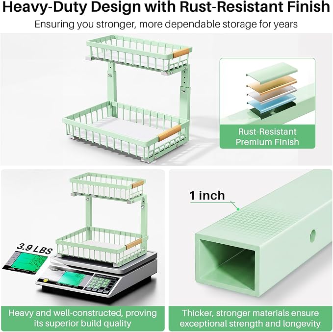 Kitstorack Under Sink Organizer, 2 Tier Under the Sink Storage, Slide out Pull out Cabinet Organizer Shelf, Metal Sliding Drawer for Kitchen Bathroom Pantry Closet Organization Rack, Green, 2 Pack - Image 7