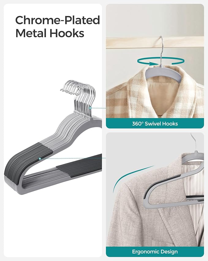 SONGMICS Plastic Clothes Hangers, Pack of 60, Space-Saving | 0.2 Inches Thick, 17.7 Inches Wide, 360° Swivel Hook, Light Gray and Dark Gray, BREANNA Collection UCRP0050G01 - Image 5