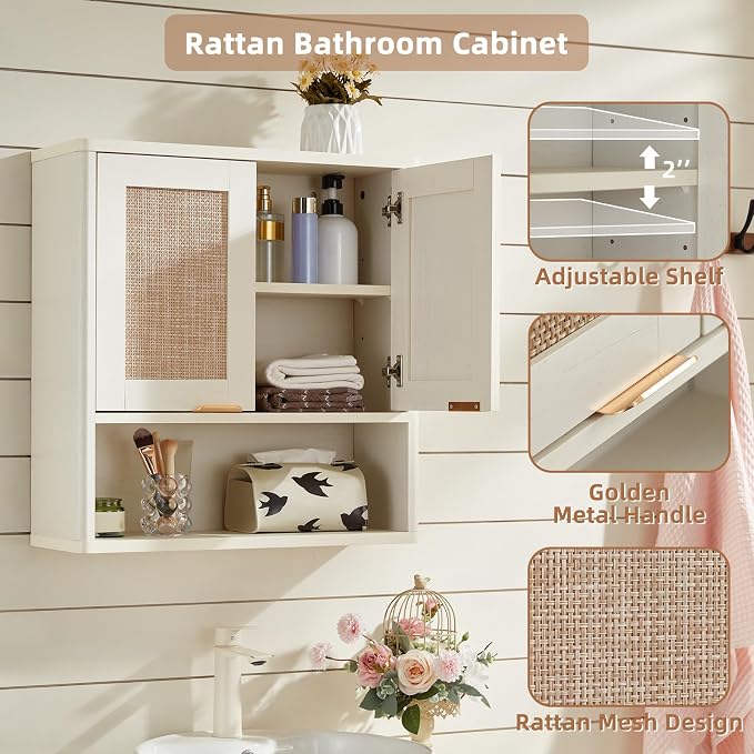 LEYAOYAO Rattan Bathroom Wall Storage Cabinet, Boho Medicine Cabinet - Image 3