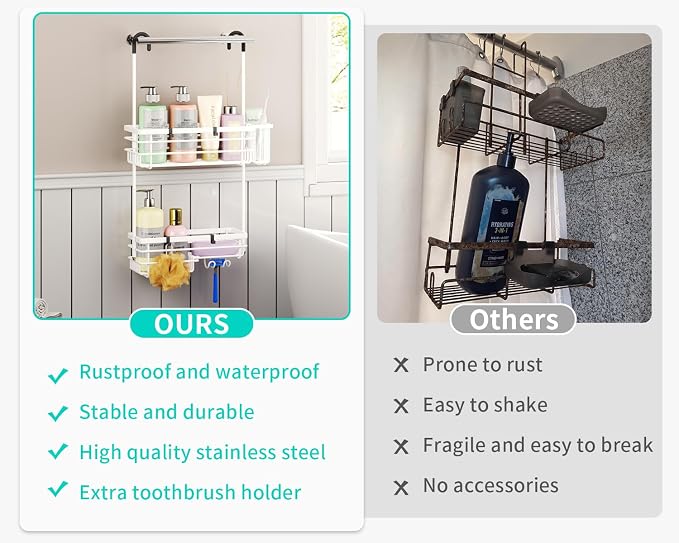 HapiRm Hanging Shower Caddy Organizer - No Drilling Shower Shelves with Hooks and Toothbrush Holder, Rustproof 304 Stainless Steel Bathroom Organizer - White - Image 7
