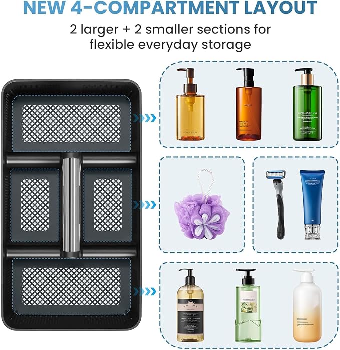BYUNER Plastic Shower Caddy Dorm: Portable Cleaning & Shower Caddy with Handle, 4 Divided Compartments, All-Side Drainage, Rigid Plastic Basket Tote for College Dorm & Bathroom Use, Black/Silver - Image 6