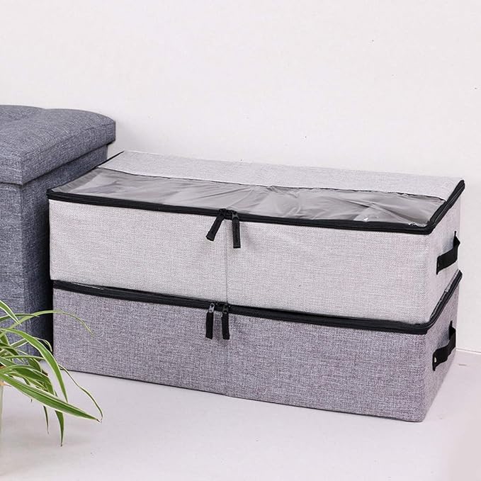 AARAINBOW 2 Packs Foldable Under Bed Clothes Organizer with Lids, Underbed Storage Container with Adjustable Dividers, UnderBed Storage Bins with Handles and Clear Window (Gray+Light Gray) - Image 2