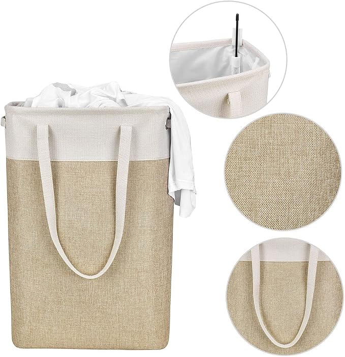 Laundry Basket with Handles Beige&Khaki-Slim Laundry Bin Collapsible Dirty Clothes Basket Narrow Laundry Bag Foldable Dirty Hamper for Camping, Dorms, Apartments - Image 5